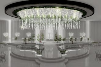 design 3d event hall decoration,table arraignment,drooping flower,stage lighting