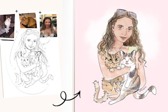draw custom hand drawn portraits in line art, watercolor