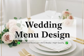 design elegant wedding menu, bar menu, drinks menu, and event menu