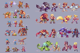 isometric pixel art character design, pixel animation, sprite sheet, game asset