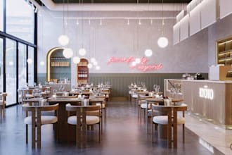design 3d food court, restaurant interior, coffee shop, bar storefront rendering