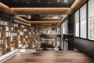 3d library interior, bookstore, study lounge, workspace design,layout render,cgi