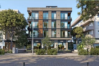 redesign mixed use building exterior, render commercial retail resident interior