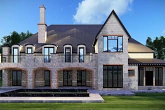 model stone house, hillside building design, slope stone villa, facade rendering