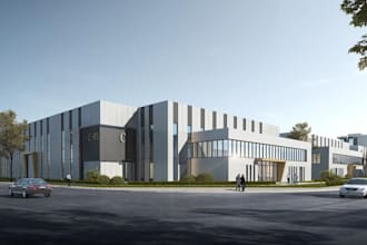 redesign full industrial building, render factory, warehouse facade, site plan