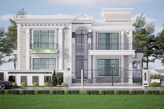 design all white house exterior, flat upper roof deck,luxury cgi mansion render