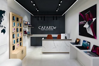 optimize 3d interior retail shop, laptop store render, mobile phone,receptionist
