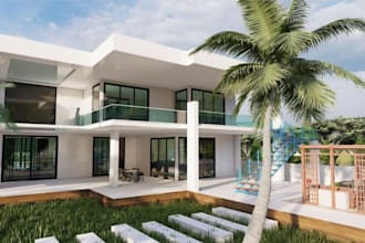 dev two floor villa exterior building,outdoor pergola,3d floor plan,glass facade