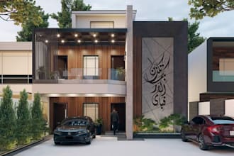 redesign villa exteriors,arabic calligraphy wall art,balcony terrace,vray render