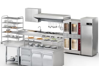 visualize 3d commercial kitchen, kitchen floorplan, interior layout,d5 rendering