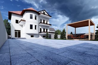 craft 3d exterior villa,modern courtyard,rooftop terrace,white wall large paving