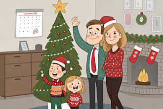 draw a family, office christmas, holiday card caricature