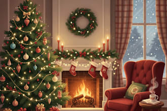 draw custom christmas family, couple, pet illustration