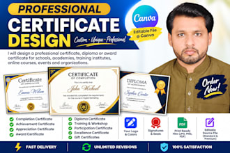 design a professional certificate, diploma or award certificate