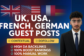 do UK, USA, french, german guest post backlink on high da blog