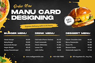 design food manu card and  resturent manu ,digitel manu in premiim quality
