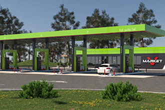 recreate 3d exterior design,gas station, petrol station,convenience store render
