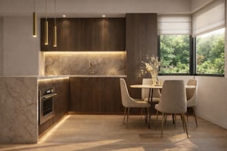 create 3d kitchen, dining and living room design