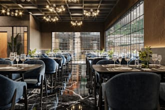 visualize 3d sleek restaurant interior,cafe dinner,lobby space,3ds max rendering