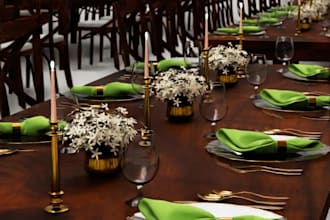 arrange 3d event tables design,centerpiece,table setting,napkin, sketchup render