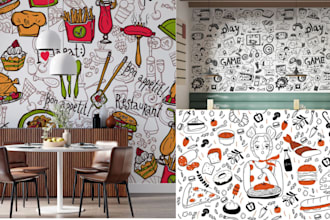 design resturants, office mural art illustration, food graffiti, canvas wall art