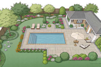 design layout 2d, landscape garden, backyard, pool