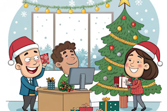 draw your office christmas card,holiday funny cartoon caricature card or animate