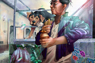 a full color illustration of a character, with background
