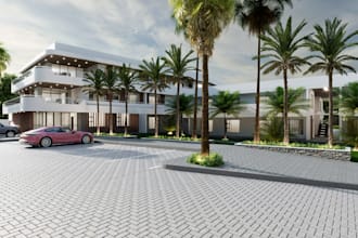 renovate hotel exterior, multi unit apartment, garden design,driveway,cgi,8k uhd
