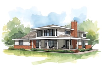 sketch architecture building or houses with watercolour rendering