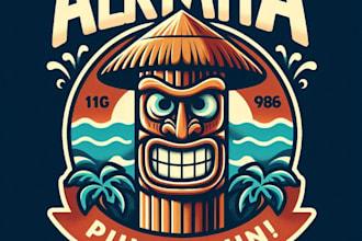 design premium vintage fun aloha tiki surfing mascot logo with t shirt design