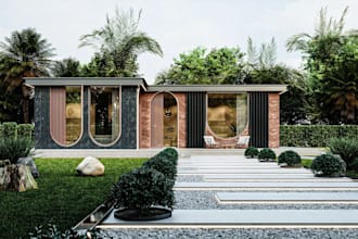 recreate 3d farmhouse facade,minimalist garden,cgi forest house,landscape render