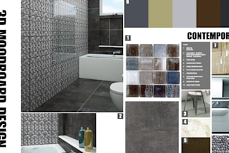 do 3d interior, exterior moodboard design with shopping list