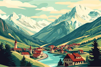 design vintage retro, art deco, travel poster vector art landscape illustration