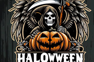 make a angel death halloween pumpkin grim reaper mascot logo with t shirt design