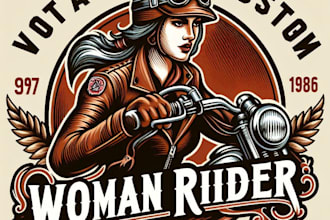 do create a vintage woman rider mascot logo with t shirt design