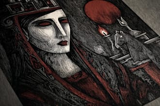 design detailed dark art with woodcut or linocut style illustrations