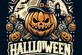 design a vintage halloween pumpkin mascot logo with  t shirt design