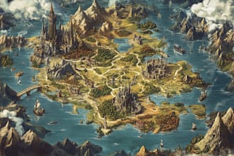 unique hand drawn map illustration of cities, fantasy
