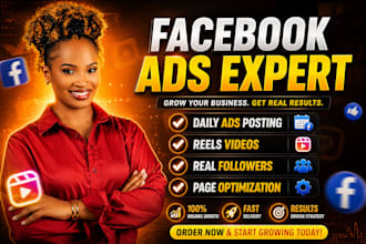 setup facebook daily ads posting, reels videos, page followers optimization