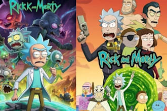 draw  ricky and morty character yellow cartnoon family guys simpson