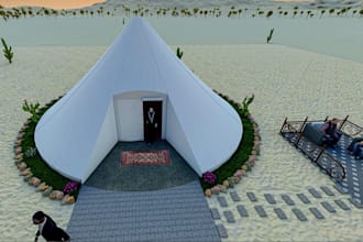 plan conical tent house design, cone house,outdoor seating,pathway,landscape,cgi