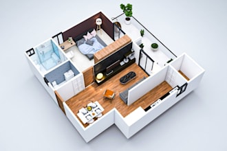 create 2d to 3d interior floor plans with bathroom, kitchen and furniture design