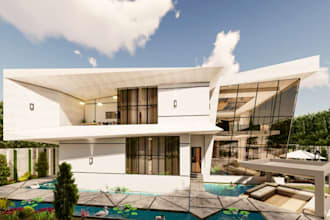 rebuild luxury mansion villa exterior,pool lounge landscape,bold facade,driveway