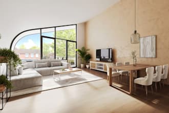 refurnish 3d modern living room, dinning interior, wooden furniture, vray render