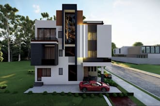 draft three floor architecture,modern villa facade,carport,outdoor driveway site