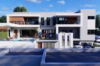 craft 3d villa exterior, pool deck,rooftop terrace,outdoor kitchen,paved walkway