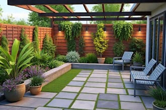 design garden, backyard, patio, terrace realistic landscape
