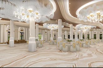 3d wedding design rendering, banquet hall, event space, interior design