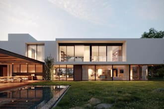 render building facade, glass window, front elevation design, 3d villa flat roof